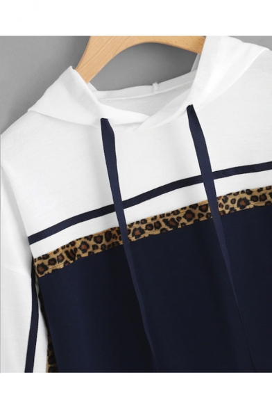 Stylish Leopard Printed Colorblock Long Sleeve Navy Hoodie
