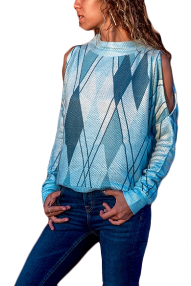 Stylish Mock Neck Cold Shoulder Long Sleeve Rhombus Printed Loose Fit Sweatshirt