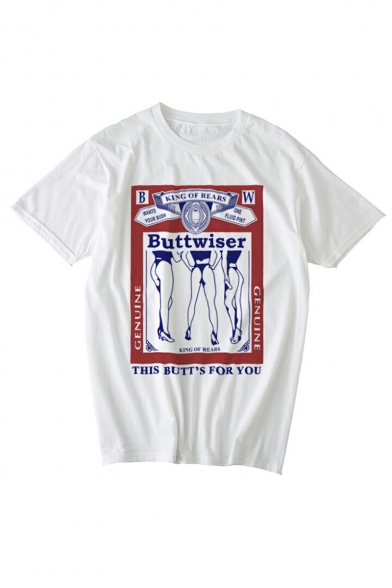 Stylish Summer White Letter Buttwiser Cartoon Printed Short Sleeve Round Neck T-Shirts