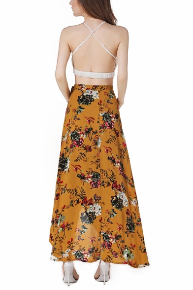 Summer Chic Floral Printed High Rise Maxi Cotton Asymmetrical Wrap Skirt