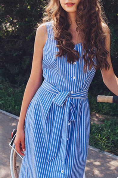 Summer Comfort Cotton Fashion Vertical Stripe Square Neck Sleeveless Tied Waist Button Down Midi Dress