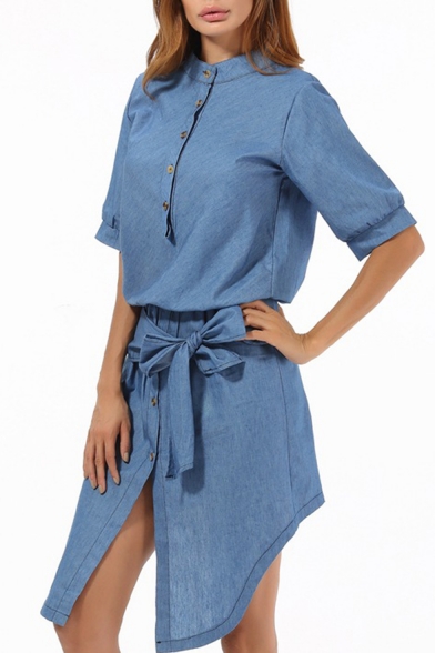 Summer Fashion Button Down Half Sleeve Elastic Bow-Tie Asymmetric Hem Mandarin Collar Denim Shirt Dress