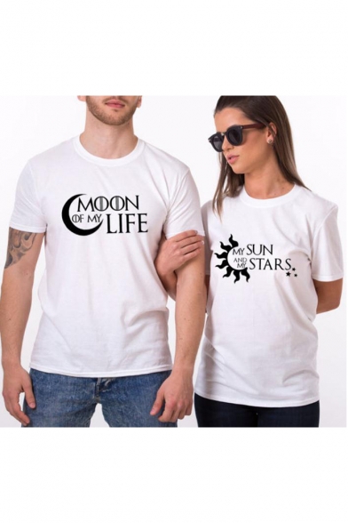 Summer Fashion Letter SUN STARS MOON LIFE Print Casual Graphic Tee for Couple