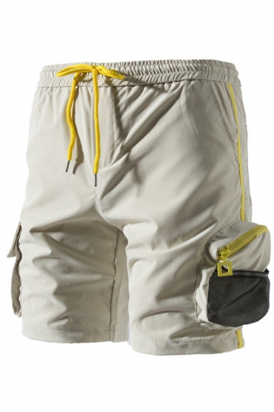 Summer Fashion Plain Mesh Patched Zipper Pocket Flap Pocket Side Drawstring Waist Casual Sport Shorts Cargo Shorts
