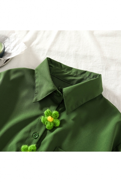 Summer Girls Popular Green Chic Flower Embellished Button Cotton Loose Crop Shirt