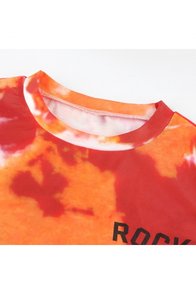 Summer Hip Hop Style Orange Tie Dye Letter ROCK MORE Print Short Sleeve Casual Crop Tee