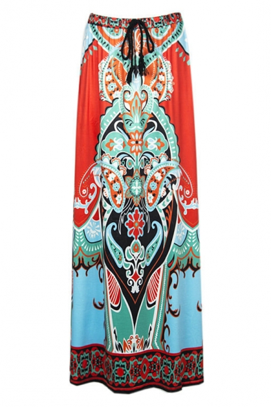 Summer Holiday Fashion Orange Red Tribal Printed Drawstring Waist Maxi Flared Skirt