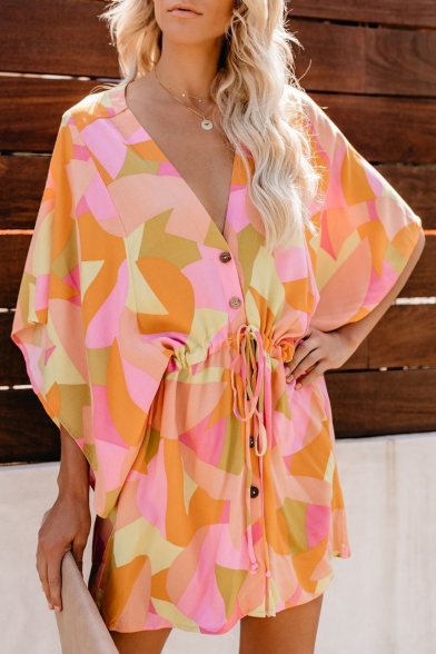 Summer Hot Fashion Geometric Print Drawstring Waist Button Front V-Neck Bell Sleeves Holiday Romper