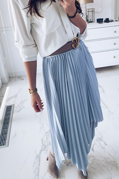 Summer Hot Fashion Simple Plain Midi Asymmetrical Pleated Skirt