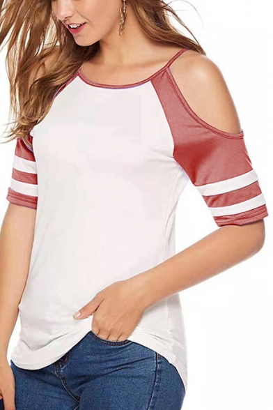 Summer Hot Popular Cold Shoulder Striped Short Sleeve Loose Fit T-Shirt