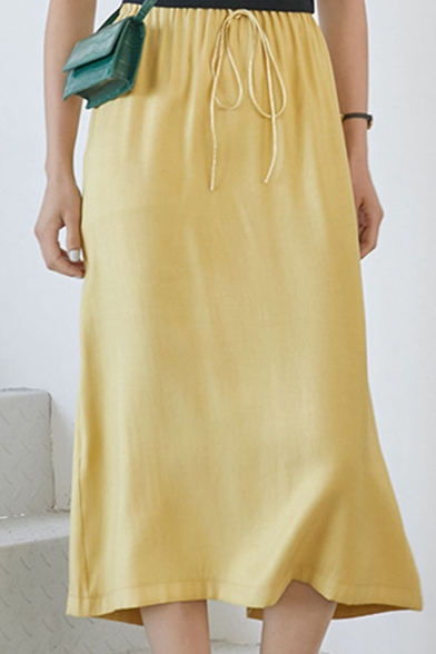 Summer Hot Popular Plain Split Back Drawstring Waist Draped Midi Skirt for Wommen