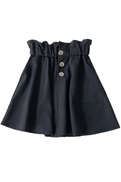 Summer Fashion Button-Down High Paperbag Waist Pocket Detail Plain Mini Skirt