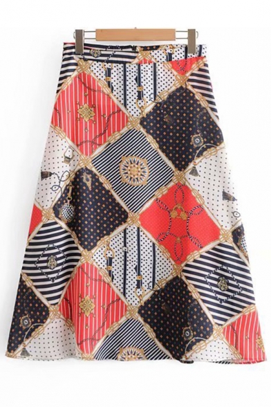 Summer High Waist Chain Print Zip-Back Flare Midi A-Line Skirt