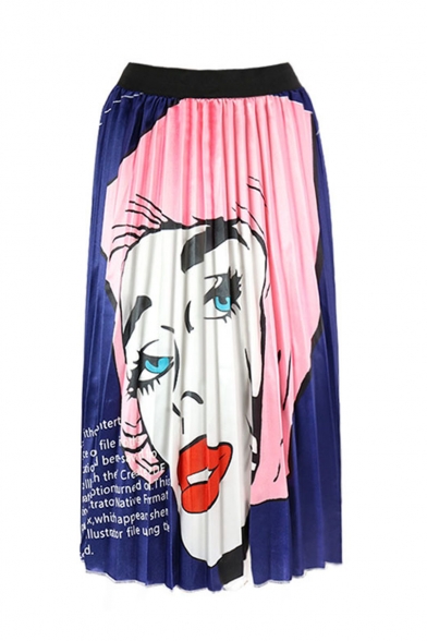 Summer Sweet Womens Elastic High Waist Cartoon Print Casual Loosen Midi Skirt