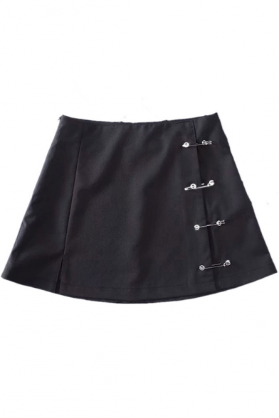 Summer Hot Stylish Black Safety Pin Slit Side A-Line Mini Skirt