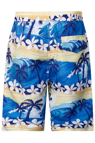 Summer Men's Floral Coconut Tree Pattern Quick Drying Elastic Drawstring Waist Beach Shorts Swim Trunks with Pocket