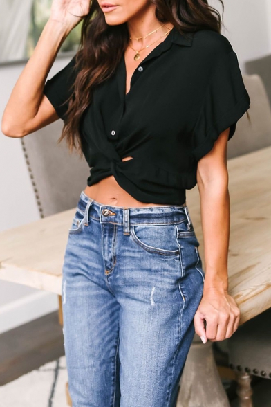 Summer New Trendy Simple Plain Twist Front Button Down Short Sleeve Cropped Shirt Blouse