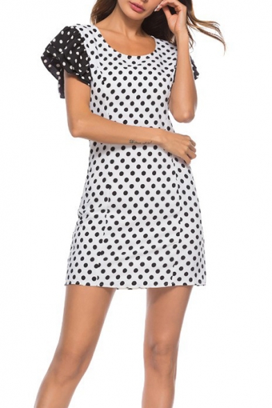 Summer New Trendy White Polka Dot Print Flutter Sleeve Mini A-Line Dress