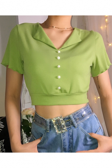 Summer Stylish Popular Avocado Green Solid Color Chic Pearl Button Lapel Collar Short Sleeve Crop Tee