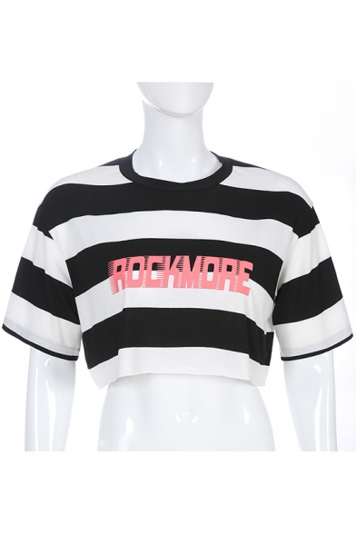 Summer Trendy Black and White Striped Letter ROCKMORE Pattern Short Sleeve Crop Tee