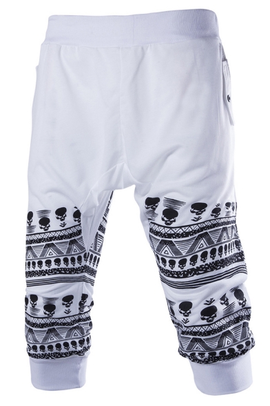 Summer Trendy Skull Geometric Stripe Printed Cotton Casual Sports Sweat Shorts for Men