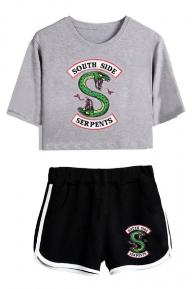 Summer Trendy Snake Logo Printed Short Sleeve Crop Tee with Sport Loose Shorts Two-Piece Set
