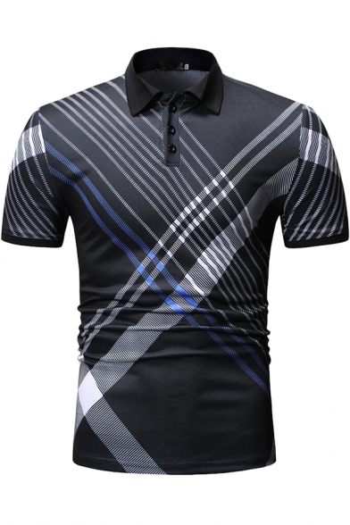 Summer Unique Cross Striped Printed Short Sleeve Three-Button Front Casual Fitted Polo Shirt