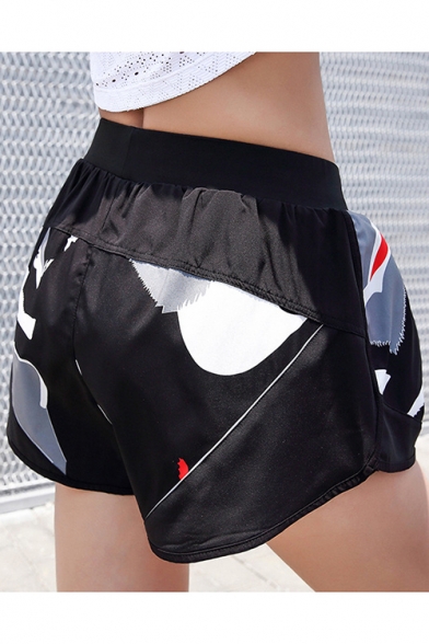 Summer Womens Trendy Black Pattern Breathable Running Yoga Sport Shorts