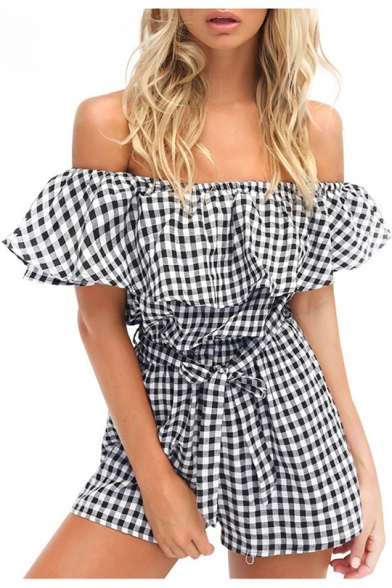 Sweet Girls Summer Trendy Ruffle Trimmed Tie-Waist Check Print Off Shoulder Romper