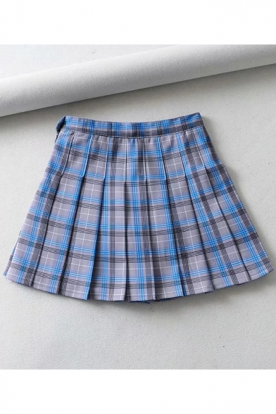 Sweet Womens Hot Stylish High Waist Check Print Button Side Pleated A-Line Mini Skirt