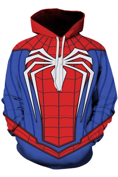 Trendy Blue and Red Spider Print Casual Loose Unisex Cosplay Hoodie