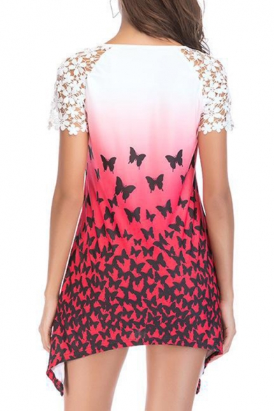 Trendy Lace Short Sleeve Round Neck Butterfly Printed Longline Asymmetrical T-Shirt