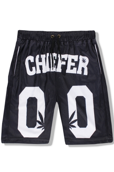 Trendy Letter CHIEFER Leaves Printed Mesh Quick-drying Men's Loose Relaxed Shorts
