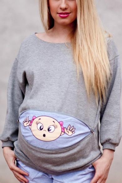 Trendy Pregnant Women Zipper Cartoon Print Round Neck Long Sleeve Plus Size Sweatshirt