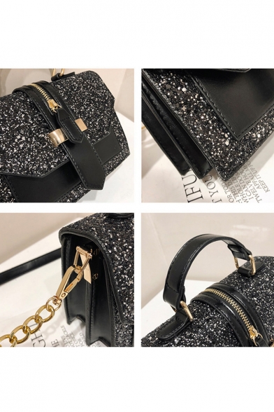 Trendy Solid Color Zipper Embellishment Belt Buckle Sequin Crossbody Satchel Bag 20*15*8 CM