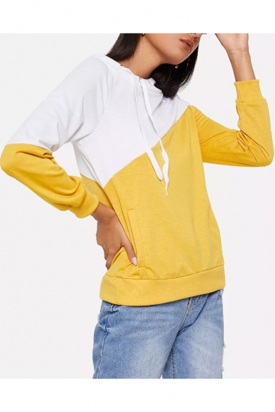 Trendy Two-Tone Yellow and White Long Sleeve Irregular Drawstring Hoodie