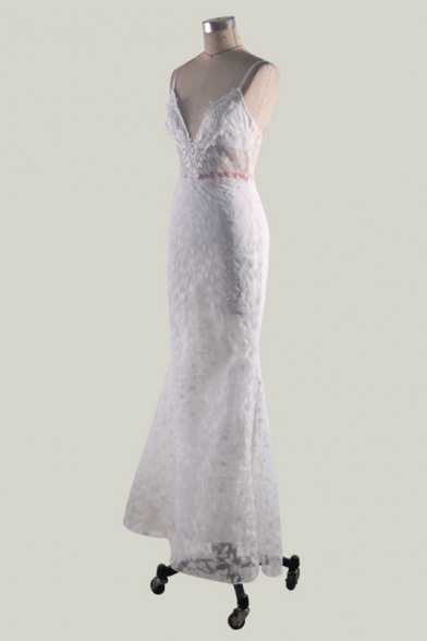 Trendy White Elegant Plunge V Neck Backless Sleeveless Floor Length Lace Bodycon Cocktail Evening Gown Dress