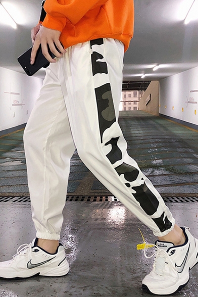Unisex Trendy Camouflage Print Tape Patched Elastic Cuffs Loose Sports Track Pants