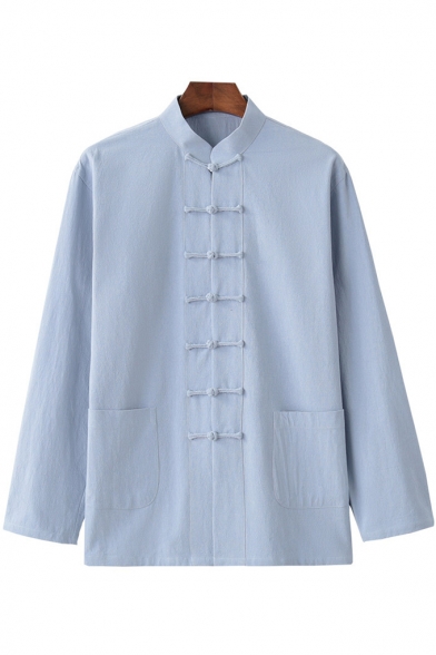 Vintage Chinese Style Simple Plain Stand Collar Frog Button Down Casual Linen Cardigan Coat Jacket