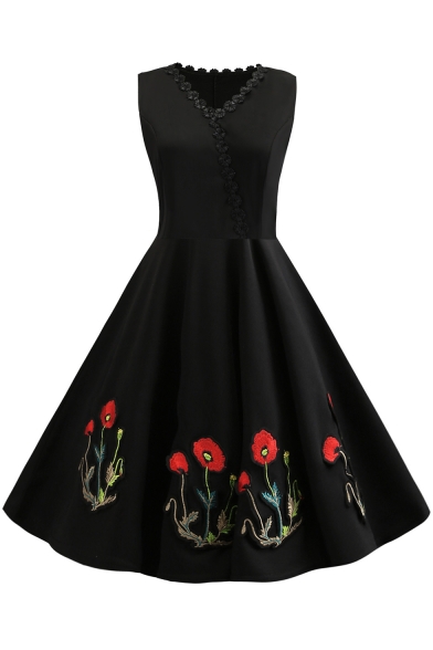 Women's Chic Floral Embroidery V-Neck Sleeveless Vintage Black Midi Flared Swing Dress