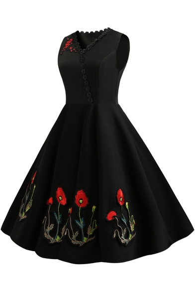 Women's Chic Floral Embroidery V-Neck Sleeveless Vintage Black Midi Flared Swing Dress
