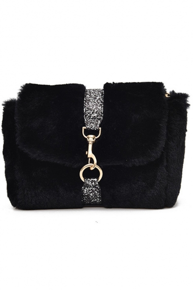 Women's Fashion Plain Sequin Embellishment Belt Buckle Plush Crossbody Bag 22*14*9 CM