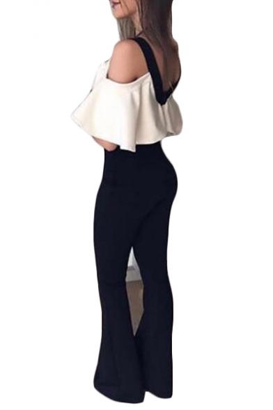 Women's Summer Black and White Patch Sexy V-Neck Cold Shoulder Slim-Leg Fitted Jumpsuits
