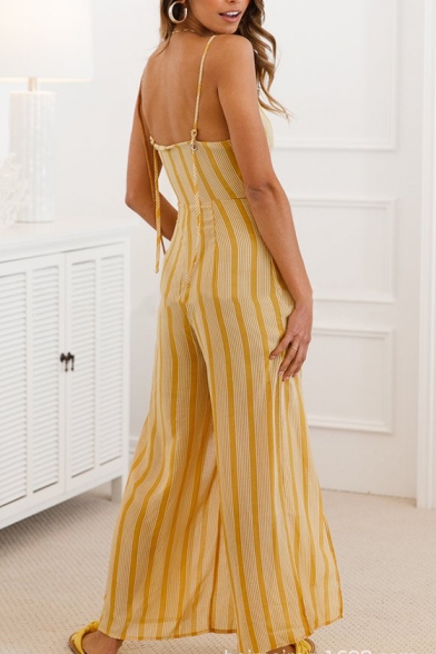 Women's Summer Sexy V-Neck Spaghetti Straps Eyelet Sleeveless Yellow Stripped Split-Front Loose Wide Leg Jumpsuits