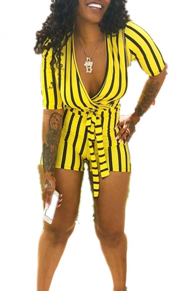 Women's Trendy Yellow and Black Striped Printed Short Sleeve V-Neck Tied-Front Romper