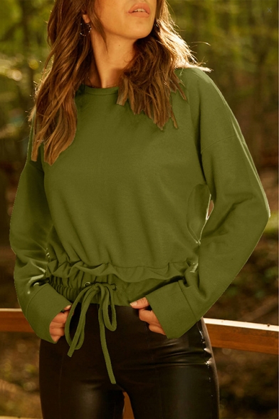 Womens Basic Simple Plain Round Neck Long Sleeve Drawstring Hem Casual Pullover Sweatshirt