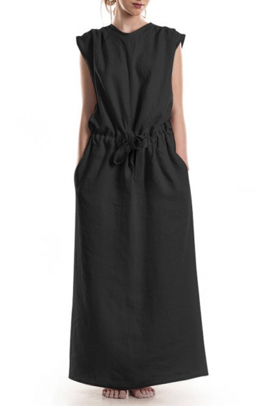 Womens Basic Simple Plain Round Neck Sleeveless Drawstring Waist Maxi Casual Linen Dress