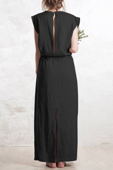 Womens Basic Simple Plain Round Neck Sleeveless Drawstring Waist Maxi Casual Linen Dress
