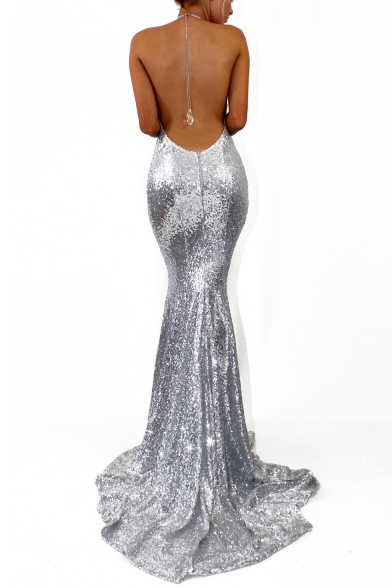 Womens Boutique Fashion Open Back Sleeveless Maxi Floor Length Fishtail Silver Sequined Evening Gown Dress