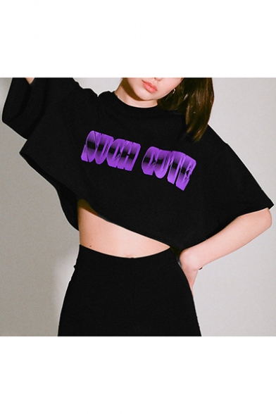 Womens Cool Letter SUCH CUTE Pattern Round Neck Short Sleeve Loose Black Crop Tee